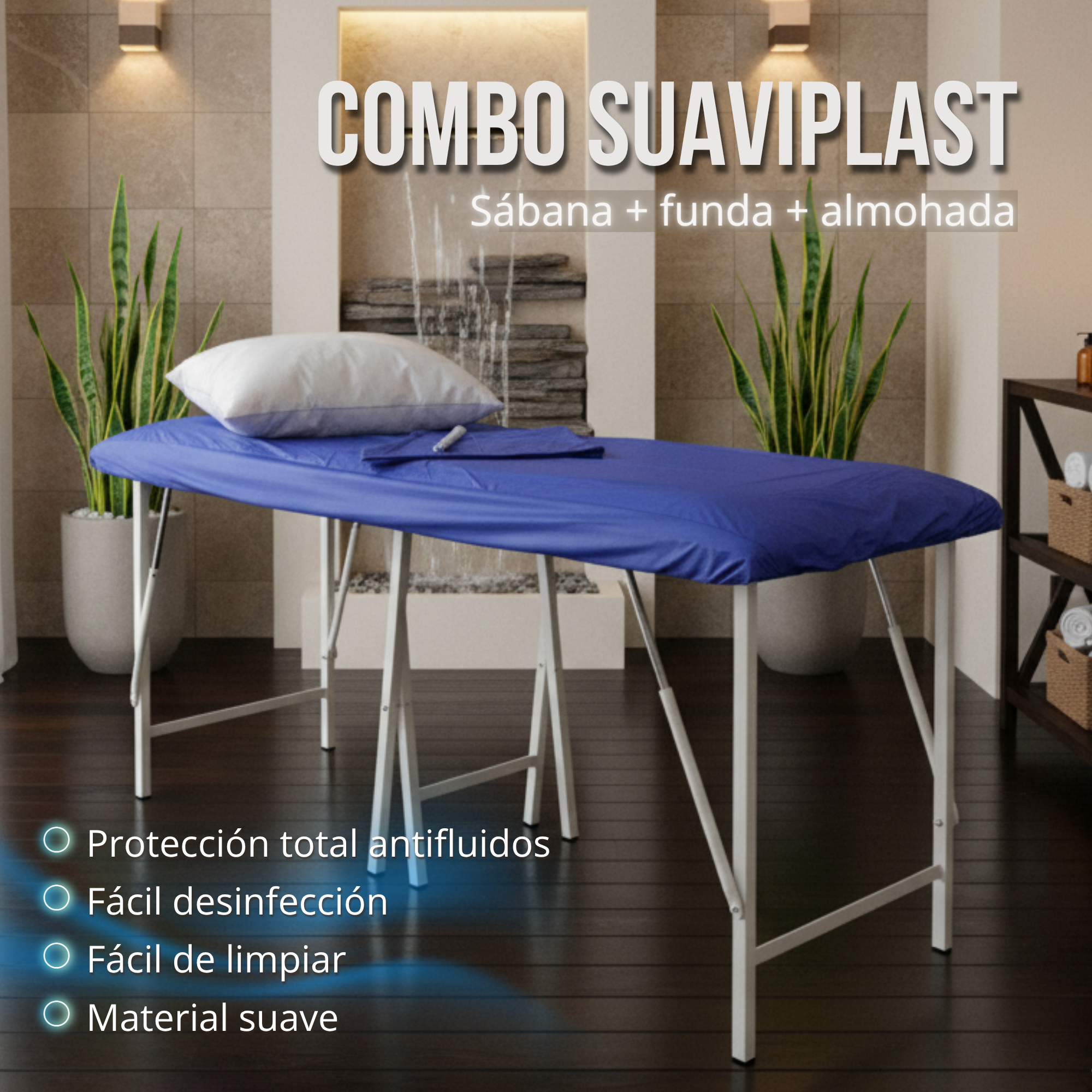 Combo sábana para camilla + funda suaviplast + almohada
