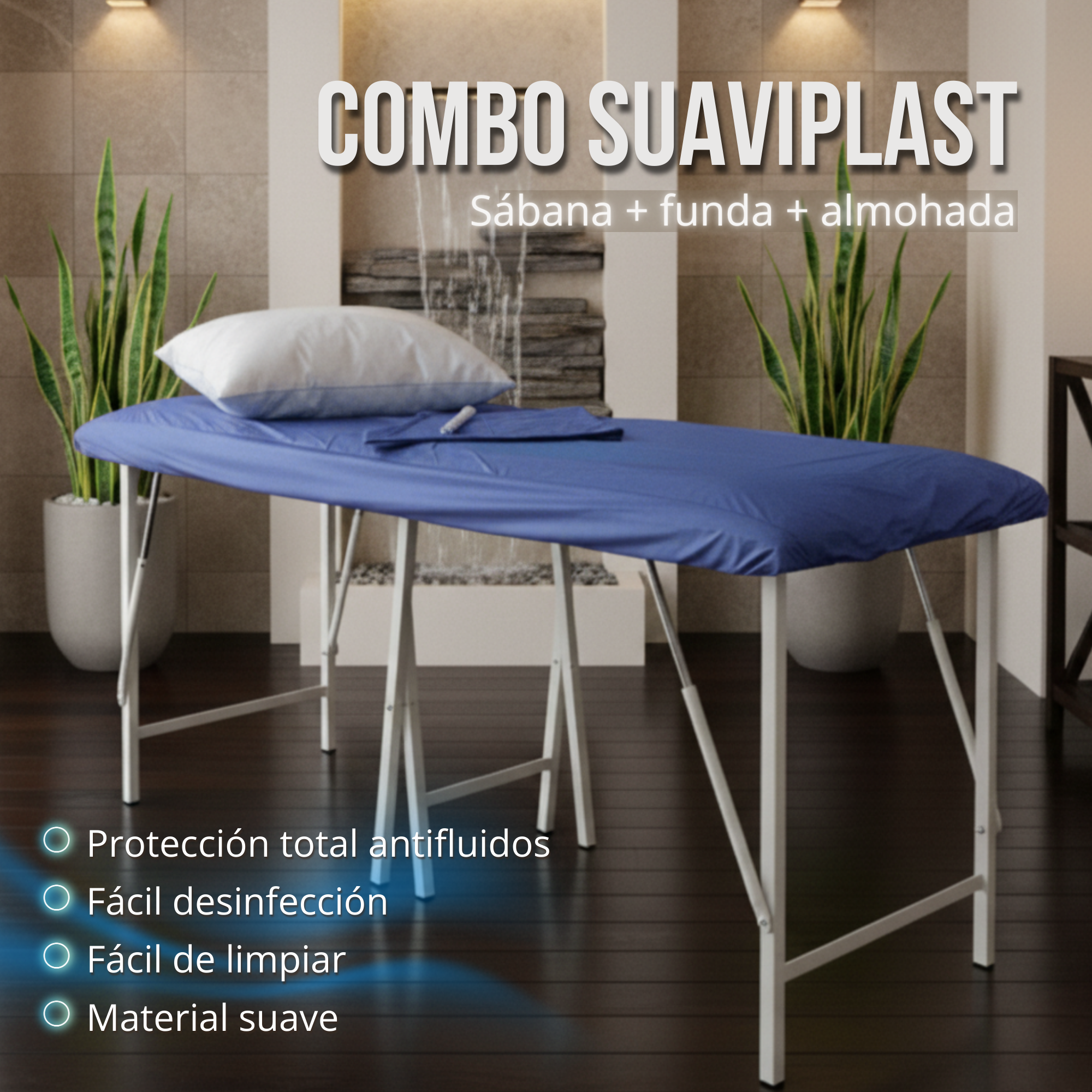 Combo sábana para camilla + funda suaviplast + almohada